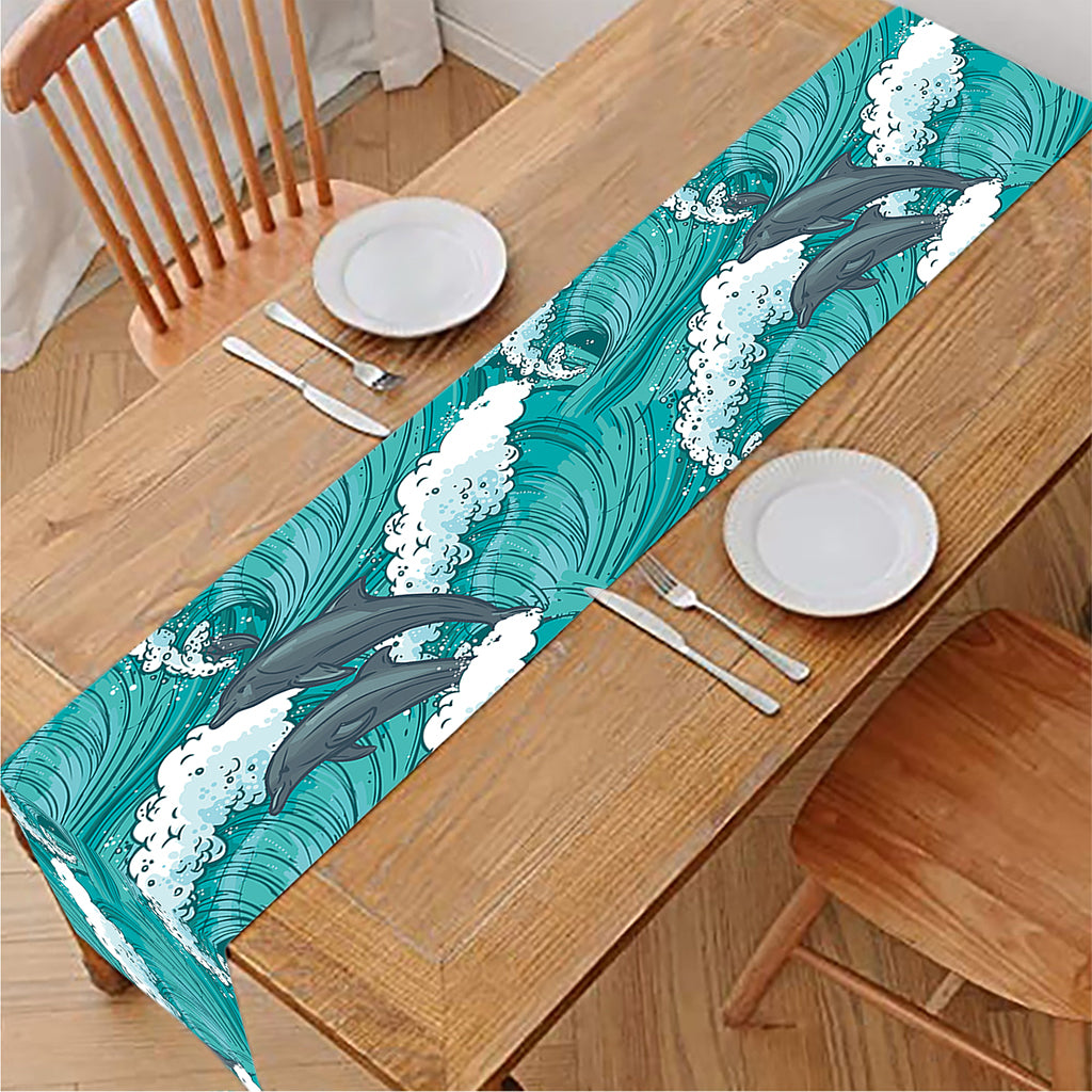 Dolphin Riding Waves Pattern Print Table Runner