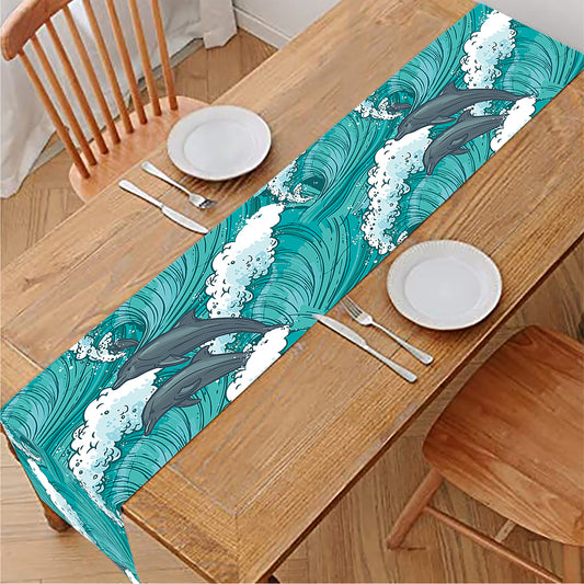 Dolphin Riding Waves Pattern Print Table Runner