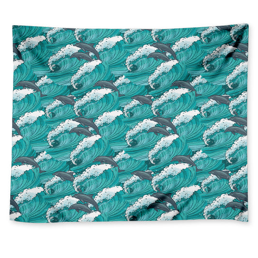 Dolphin Riding Waves Pattern Print Tapestry