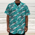 Dolphin Riding Waves Pattern Print Textured Short Sleeve Shirt