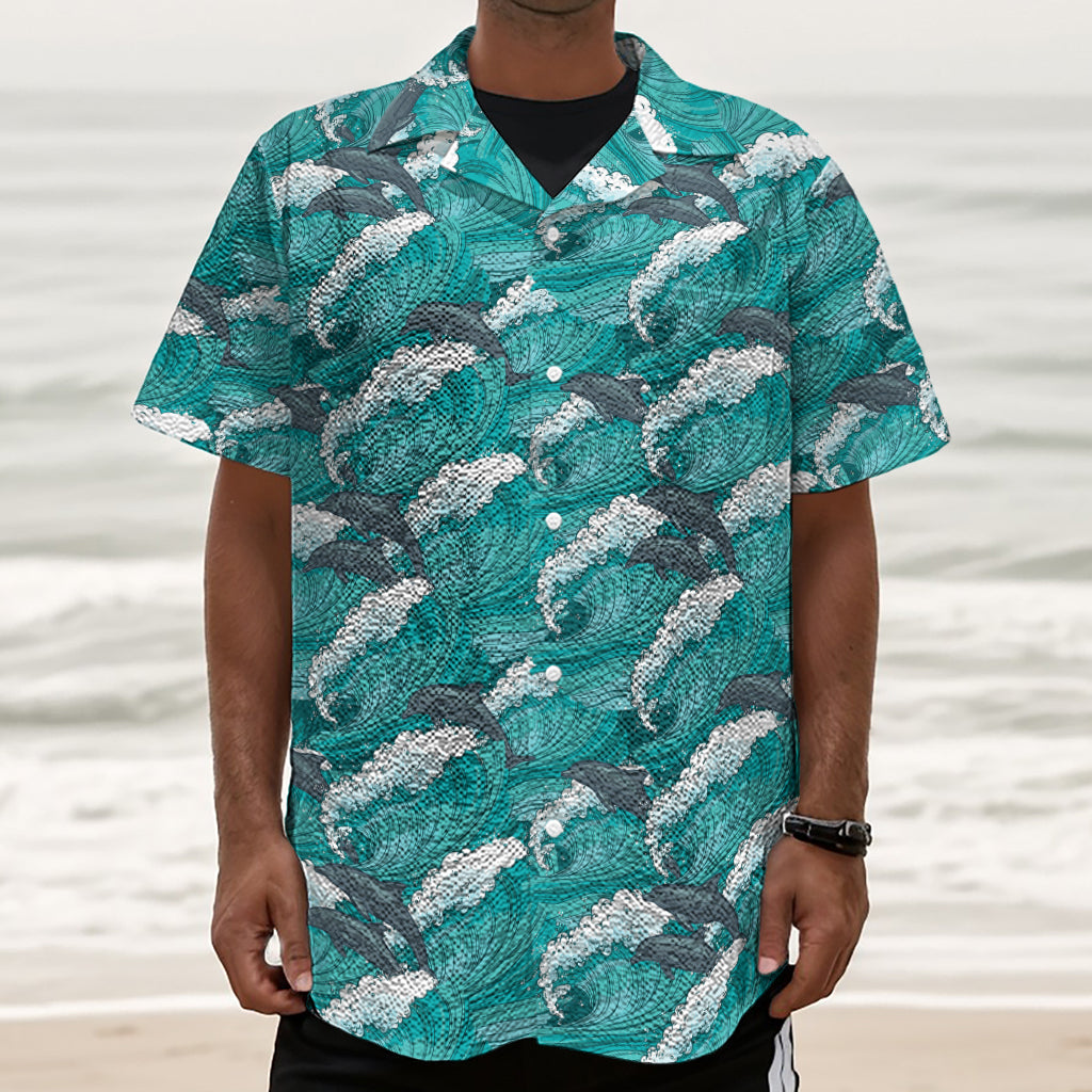 Dolphin Riding Waves Pattern Print Textured Short Sleeve Shirt