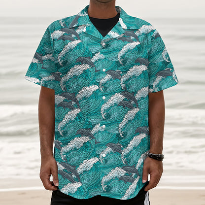 Dolphin Riding Waves Pattern Print Textured Short Sleeve Shirt