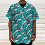Dolphin Riding Waves Pattern Print Textured Short Sleeve Shirt