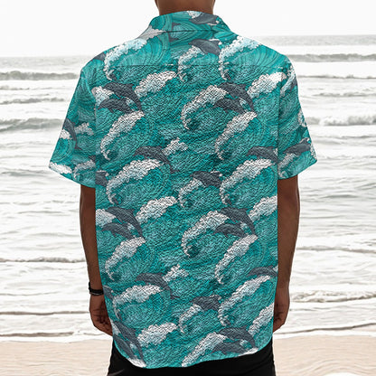 Dolphin Riding Waves Pattern Print Textured Short Sleeve Shirt