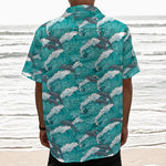 Dolphin Riding Waves Pattern Print Textured Short Sleeve Shirt