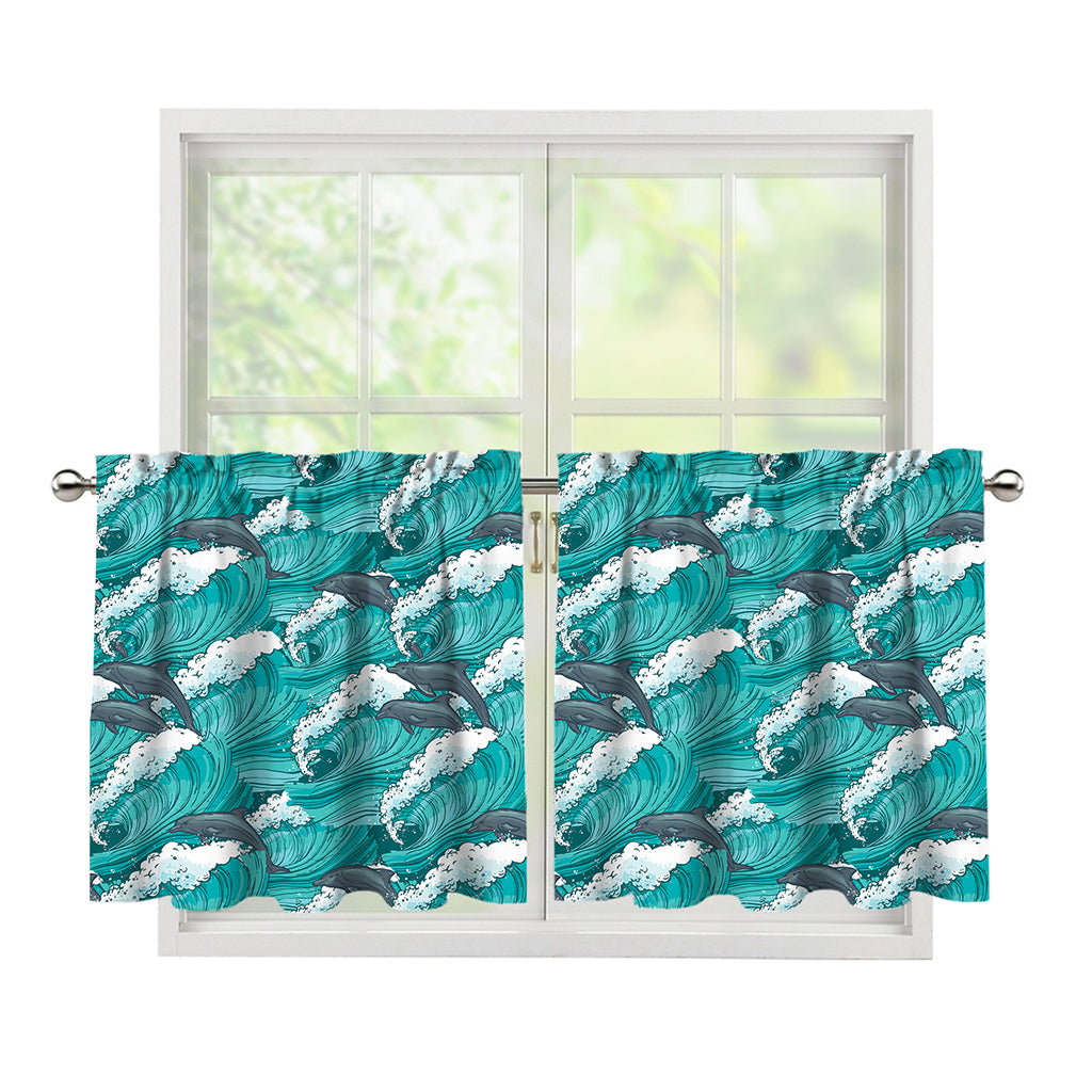 Dolphin Riding Waves Pattern Print Tier Curtains