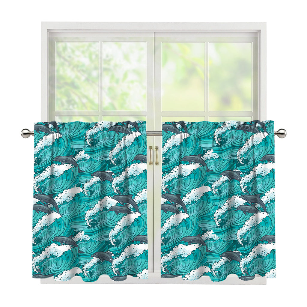 Dolphin Riding Waves Pattern Print Tier Curtains