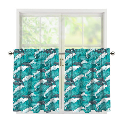 Dolphin Riding Waves Pattern Print Tier Curtains
