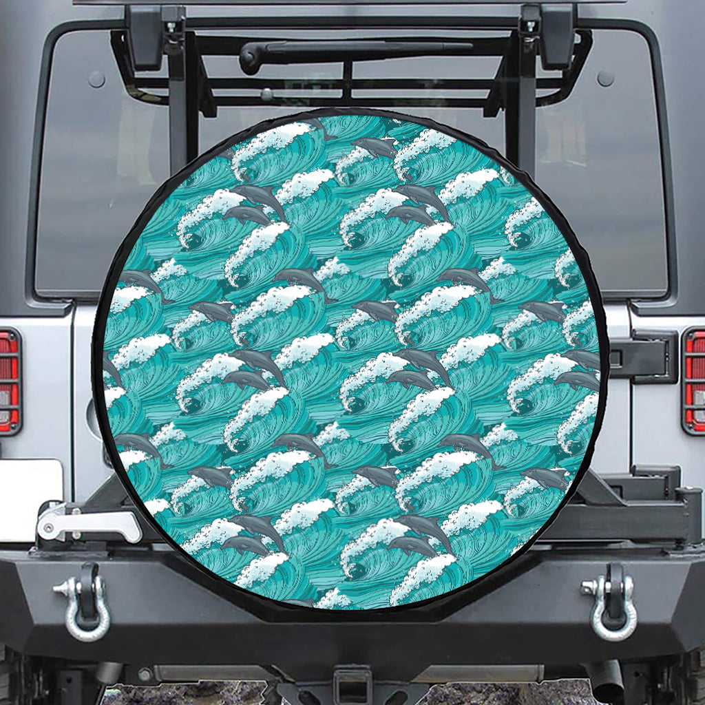 Dolphin Riding Waves Pattern Print Tire Cover