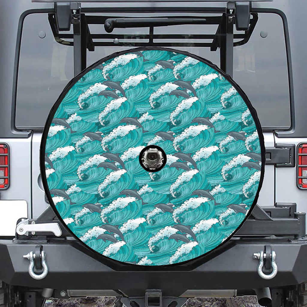 Dolphin Riding Waves Pattern Print Tire Cover With Camera Hole