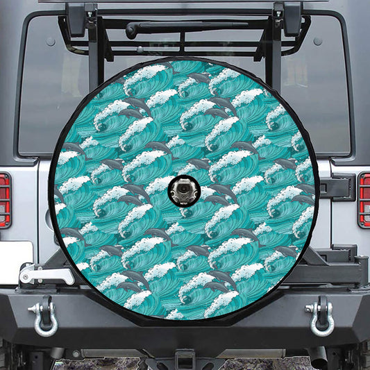 Dolphin Riding Waves Pattern Print Tire Cover With Camera Hole