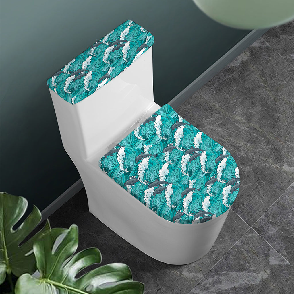 Dolphin Riding Waves Pattern Print Toilet Lid And Tank Cover Set