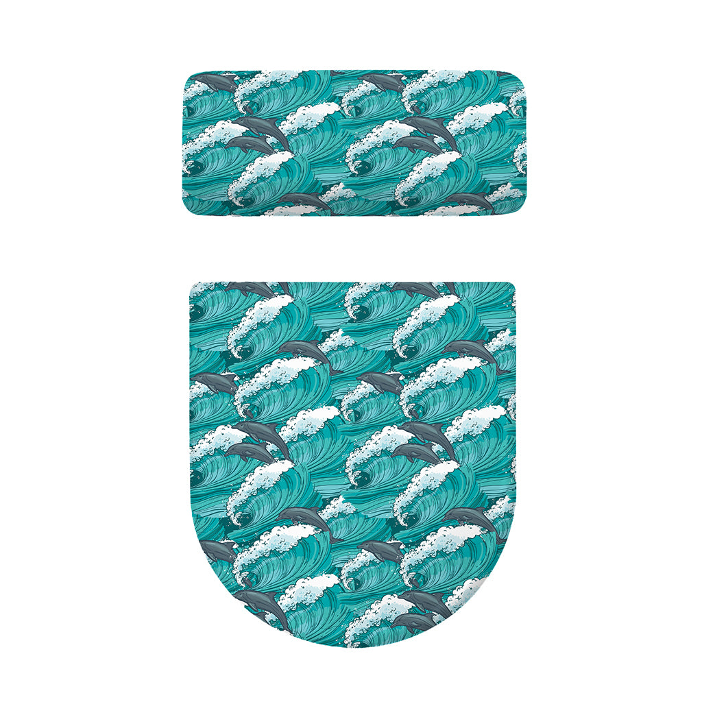 Dolphin Riding Waves Pattern Print Toilet Lid And Tank Cover Set
