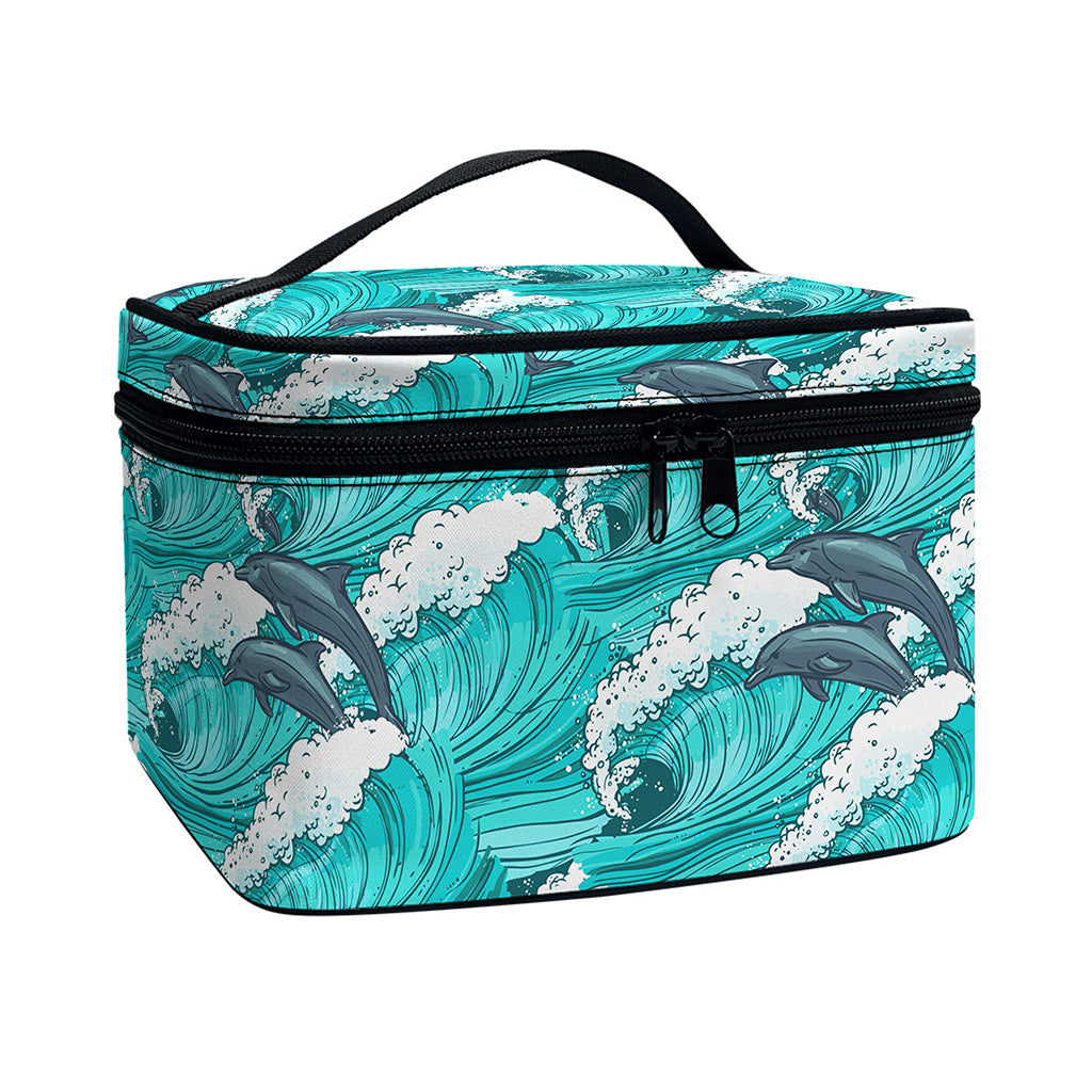 Dolphin Riding Waves Pattern Print Travel Makeup Bag