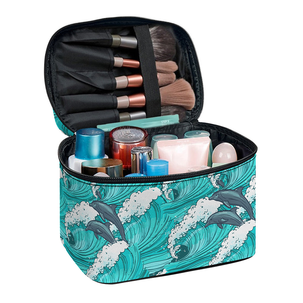 Dolphin Riding Waves Pattern Print Travel Makeup Bag