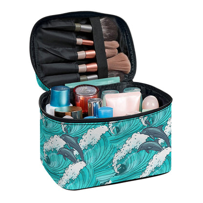 Dolphin Riding Waves Pattern Print Travel Makeup Bag