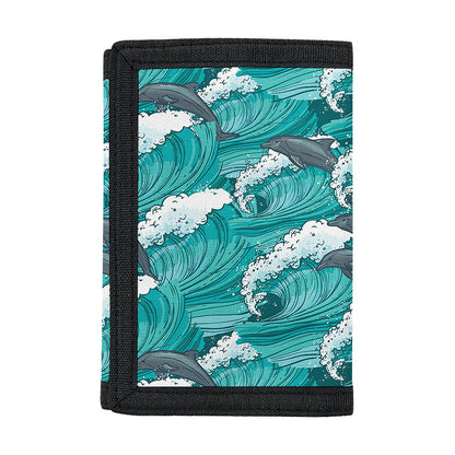 Dolphin Riding Waves Pattern Print Trifold Wallet