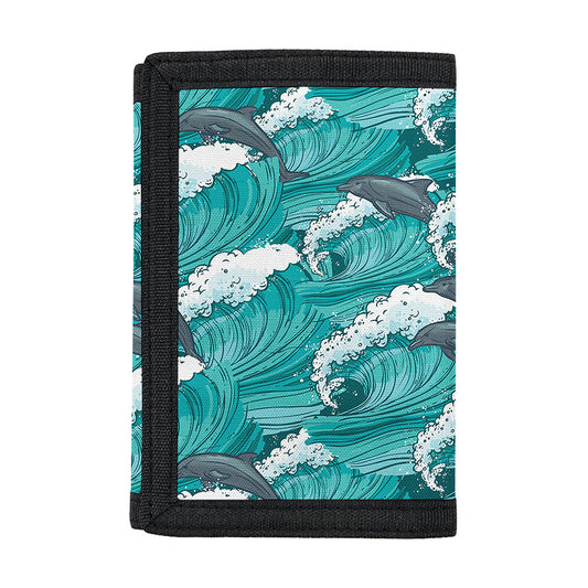 Dolphin Riding Waves Pattern Print Trifold Wallet