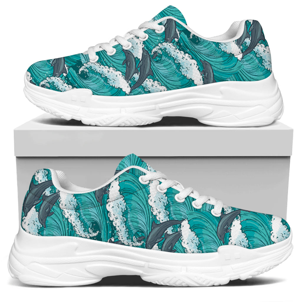 Dolphin Riding Waves Pattern Print White Chunky Shoes