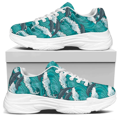 Dolphin Riding Waves Pattern Print White Chunky Shoes