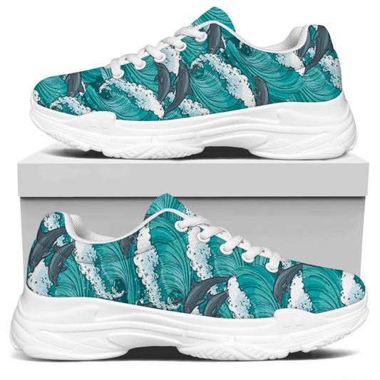 Dolphin Riding Waves Pattern Print White Chunky Shoes