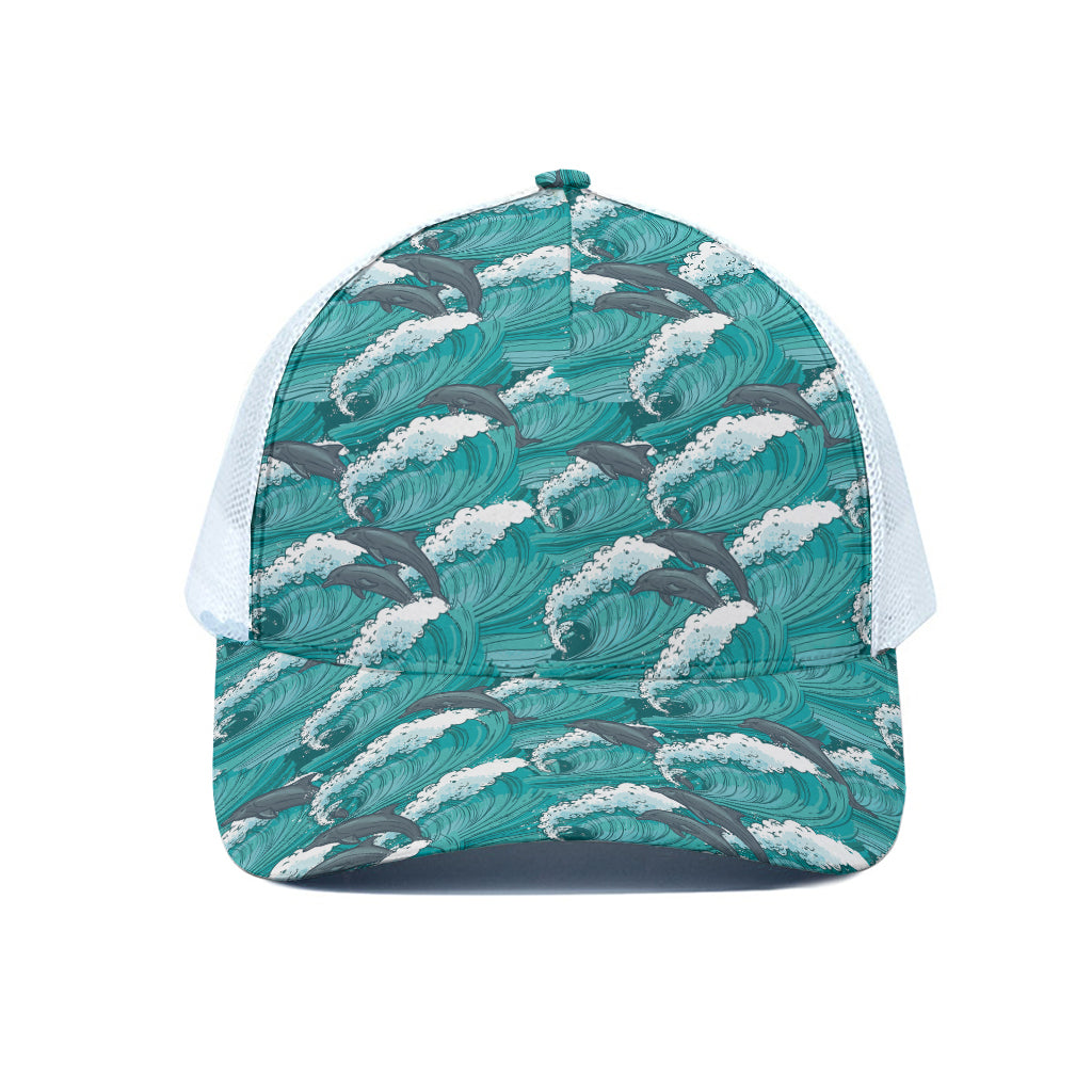Dolphin Riding Waves Pattern Print White Mesh Trucker Cap