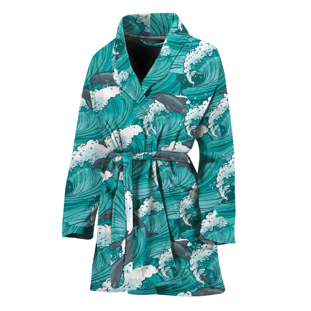 Dolphin Riding Waves Pattern Print Women's Bathrobe