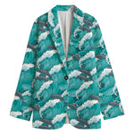 Dolphin Riding Waves Pattern Print Women's Blazer