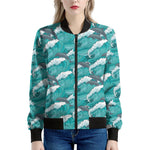 Dolphin Riding Waves Pattern Print Women's Bomber Jacket