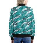 Dolphin Riding Waves Pattern Print Women's Bomber Jacket