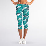 Dolphin Riding Waves Pattern Print Women's Capri Leggings