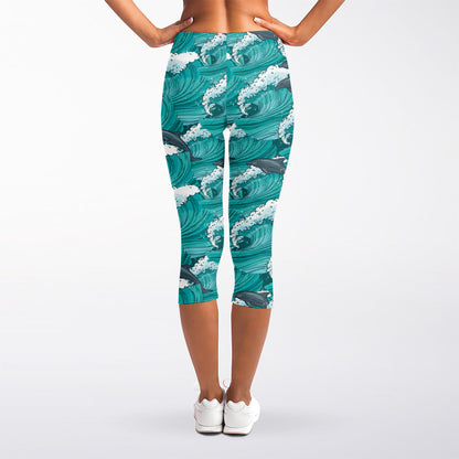 Dolphin Riding Waves Pattern Print Women's Capri Leggings