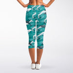 Dolphin Riding Waves Pattern Print Women's Capri Leggings