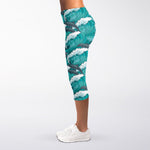 Dolphin Riding Waves Pattern Print Women's Capri Leggings