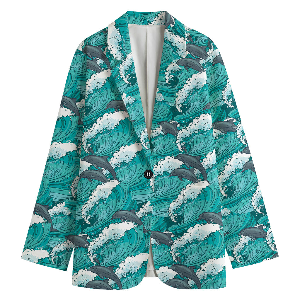 Dolphin Riding Waves Pattern Print Women's Cotton Blazer