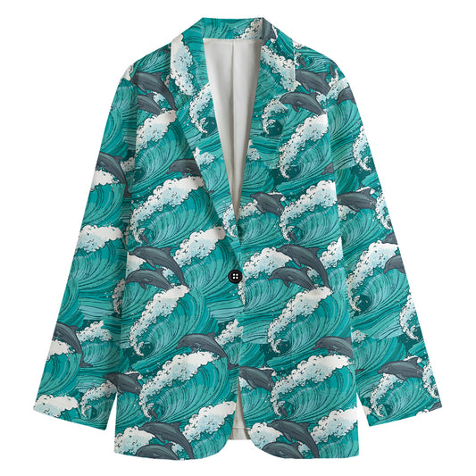 Dolphin Riding Waves Pattern Print Women's Cotton Blazer