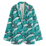 Dolphin Riding Waves Pattern Print Women's Cotton Blazer