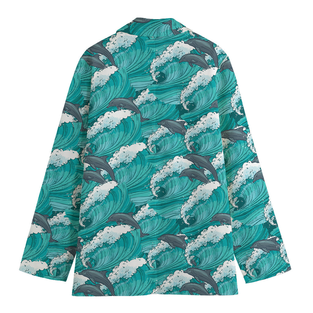 Dolphin Riding Waves Pattern Print Women's Cotton Blazer