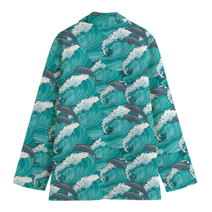 Dolphin Riding Waves Pattern Print Women's Cotton Blazer