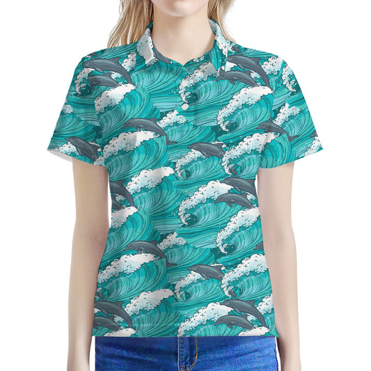 Dolphin Riding Waves Pattern Print Women's Polo Shirt