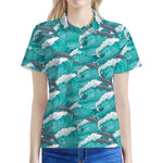 Dolphin Riding Waves Pattern Print Women's Polo Shirt