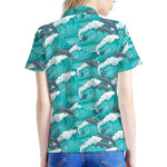 Dolphin Riding Waves Pattern Print Women's Polo Shirt