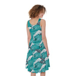 Dolphin Riding Waves Pattern Print Women's Sleeveless Dress