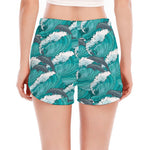 Dolphin Riding Waves Pattern Print Women's Split Running Shorts