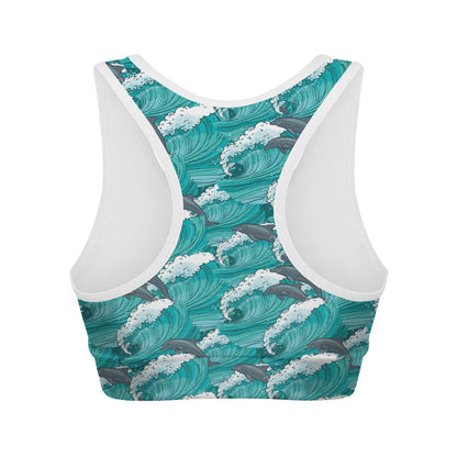 Dolphin Riding Waves Pattern Print Women's Sports Bra