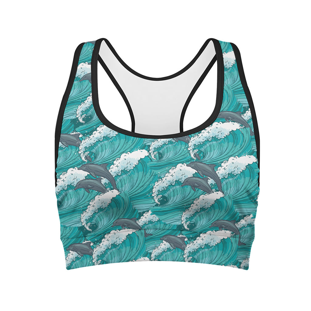 Dolphin Riding Waves Pattern Print Women's Sports Bra