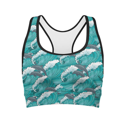 Dolphin Riding Waves Pattern Print Women's Sports Bra