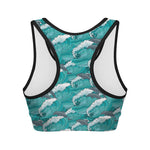 Dolphin Riding Waves Pattern Print Women's Sports Bra