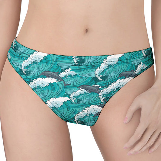 Dolphin Riding Waves Pattern Print Women's Thong