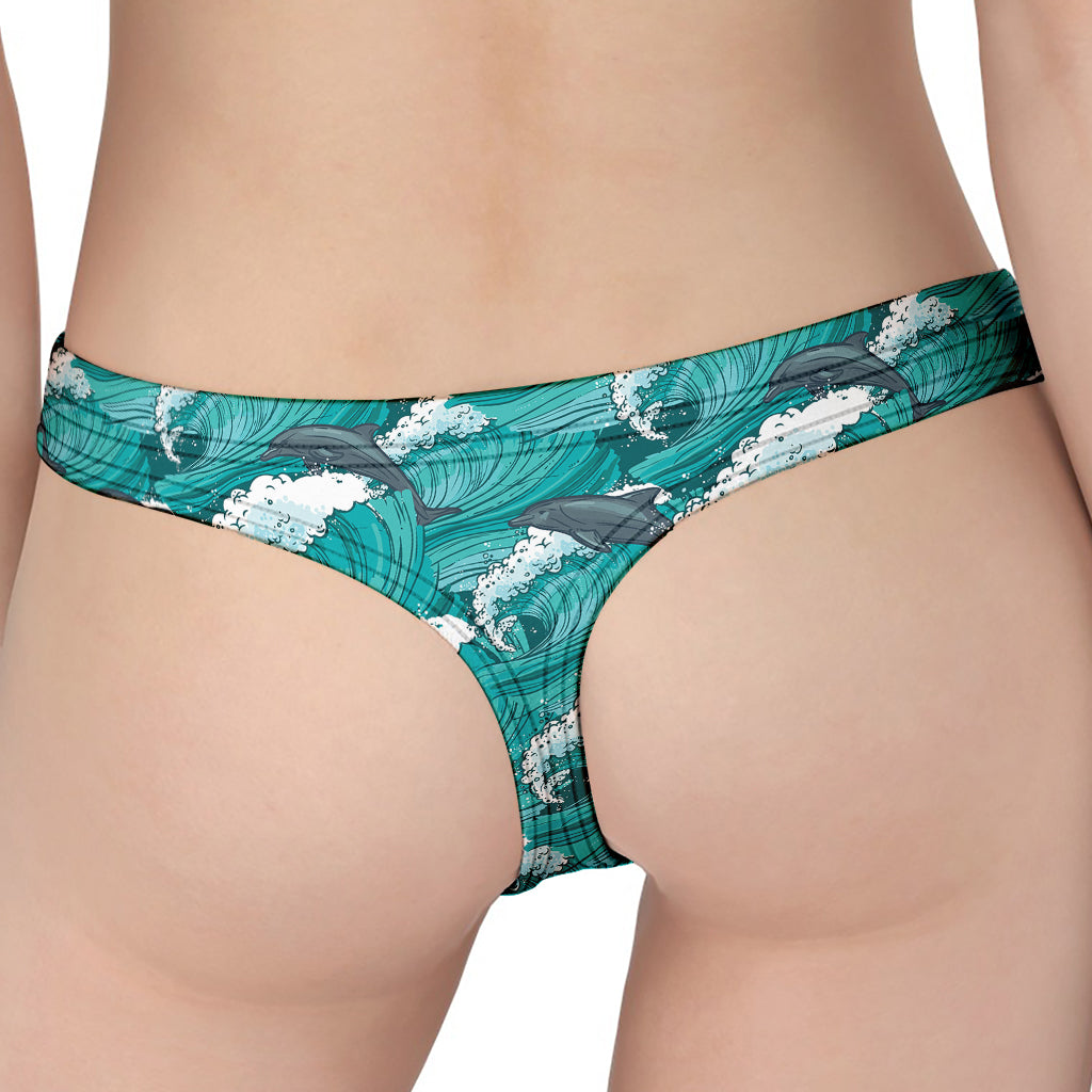 Dolphin Riding Waves Pattern Print Women's Thong